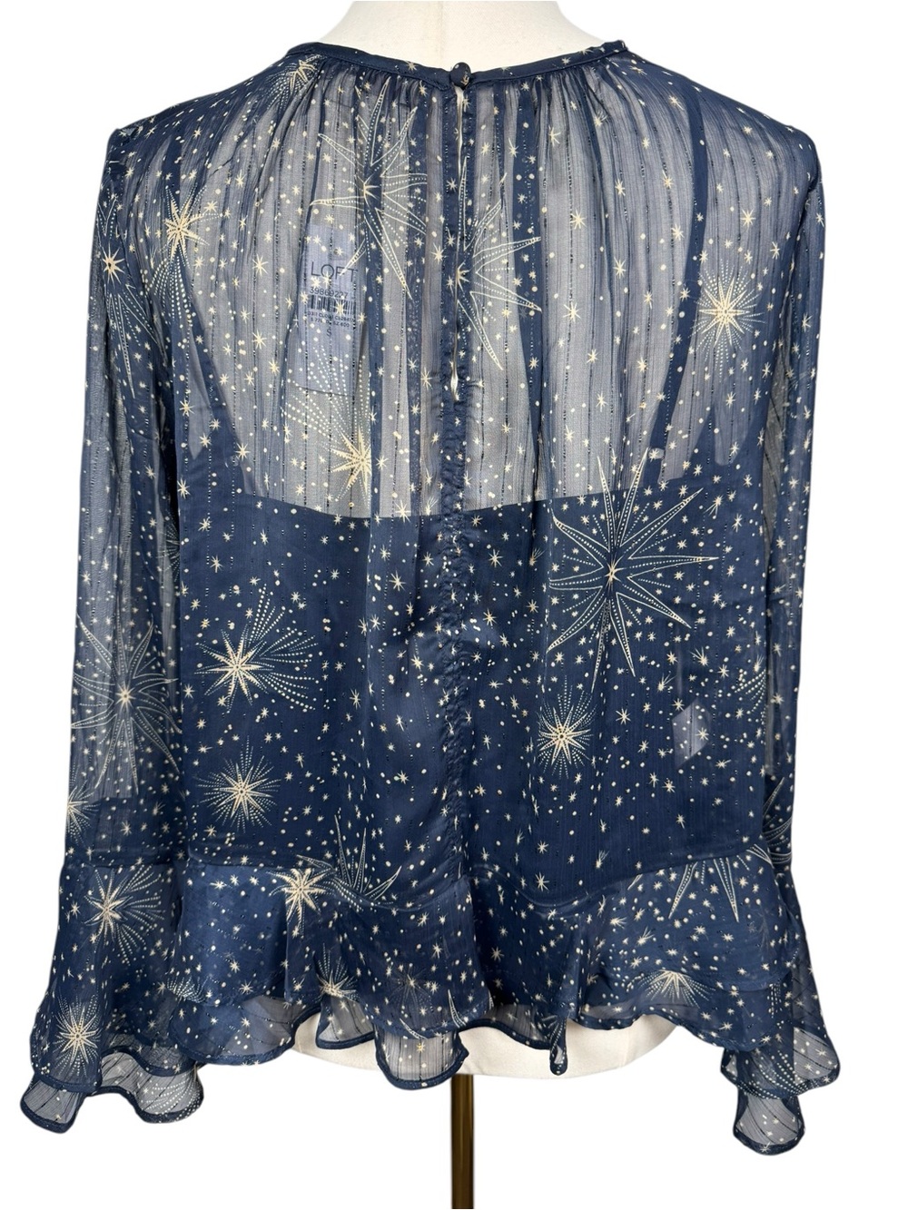 LOFT NWT Celestial Shimmer Peplum Ruffle Sleeve Top Navy & Gold Size S - Picture 6 of 10
